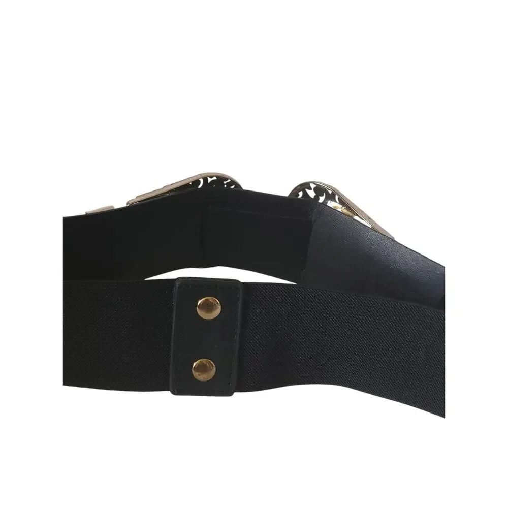 Y2K Western Double Buckle Chain Waist Belt Black Elastic Cowgirl Festival